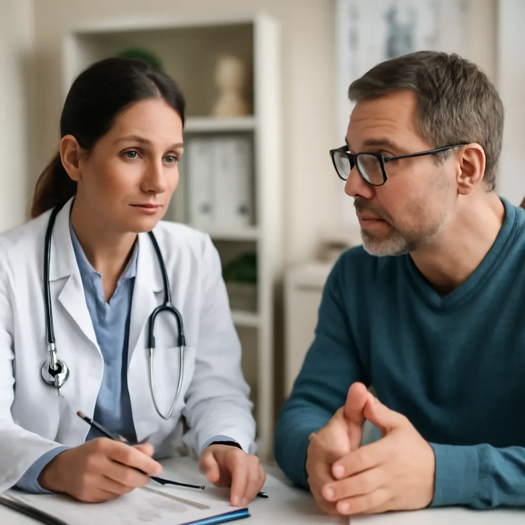 Doctor speaking with a patient in a clinical office setting