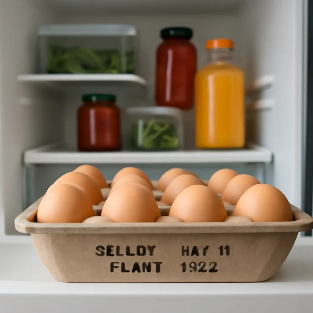 A refrigerator with a carton of eggs, focusing on the printed codes and dates on the packaging
