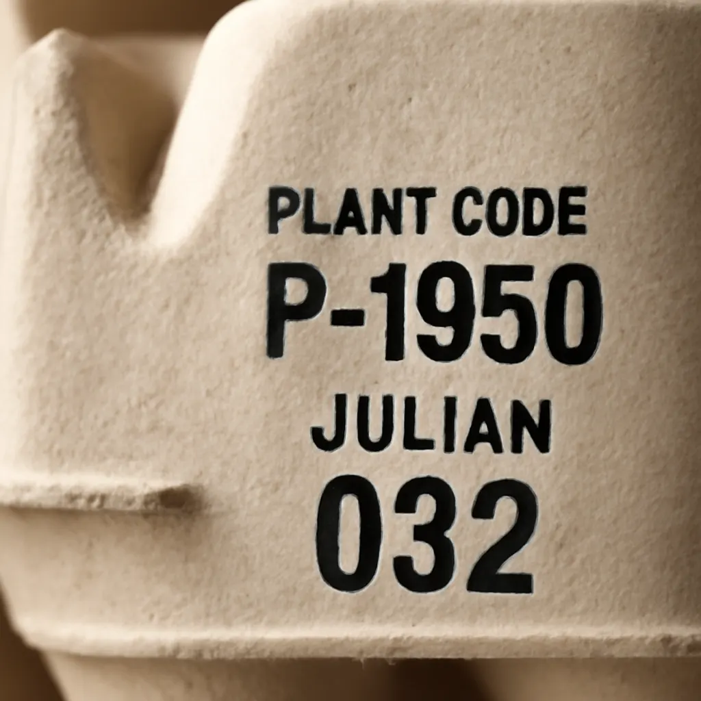 Close up of an egg carton showing the plant code and Julian date used for the recall