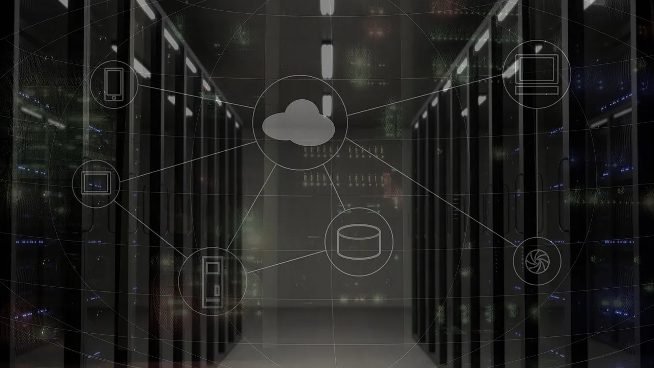 Rows of server racks in a high-security datacenter with illuminated fiber optic connections