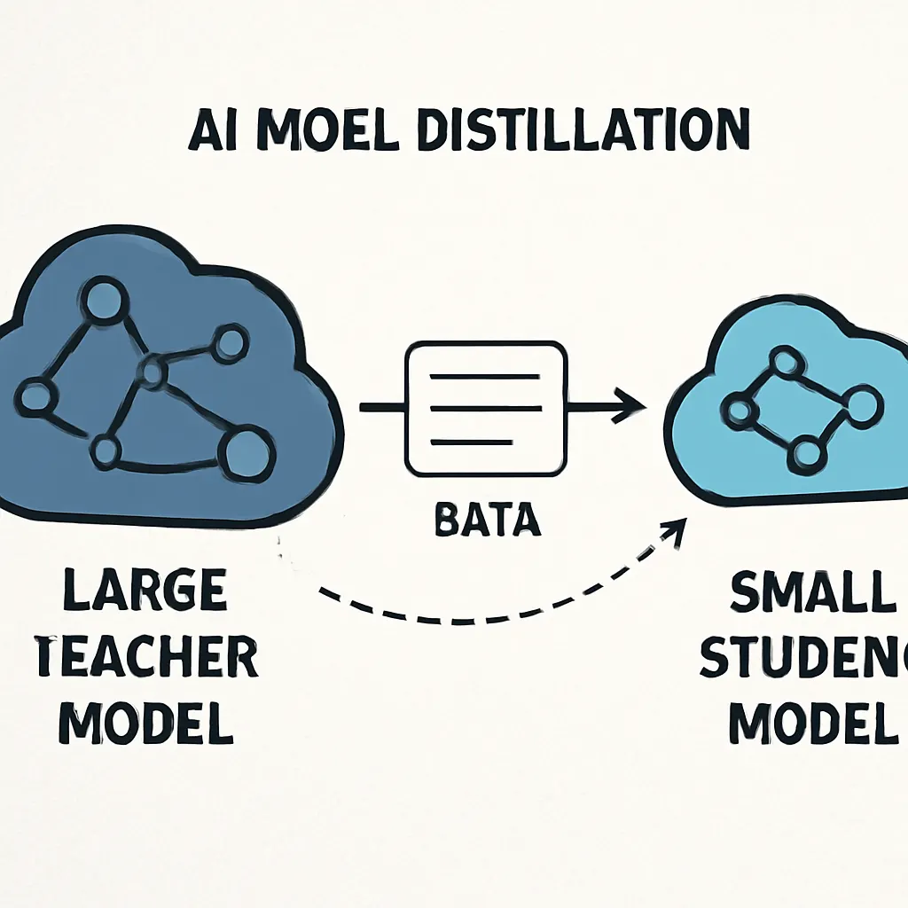 Diagram showing knowledge transfer from a large AI model to a smaller one