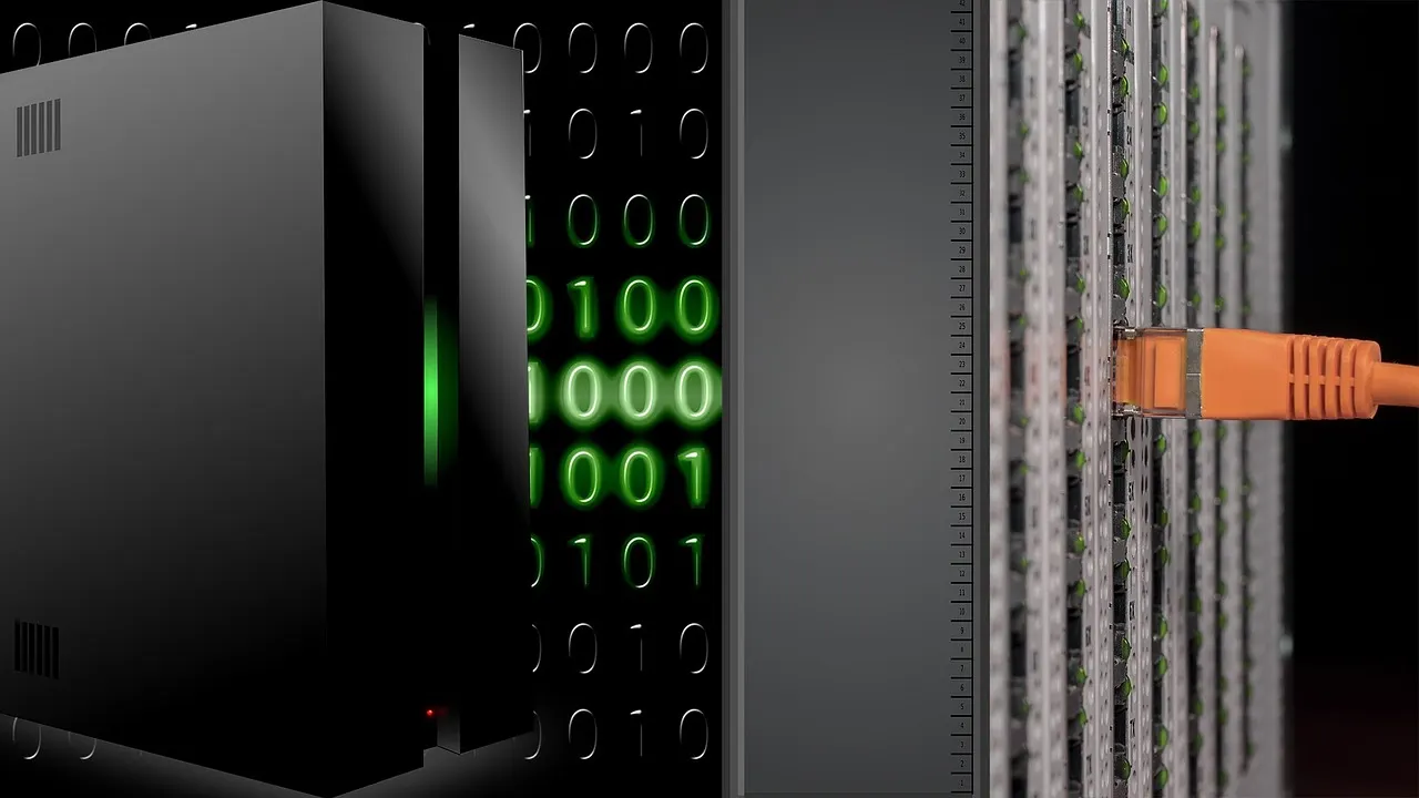 Data center server racks with glowing red network cables