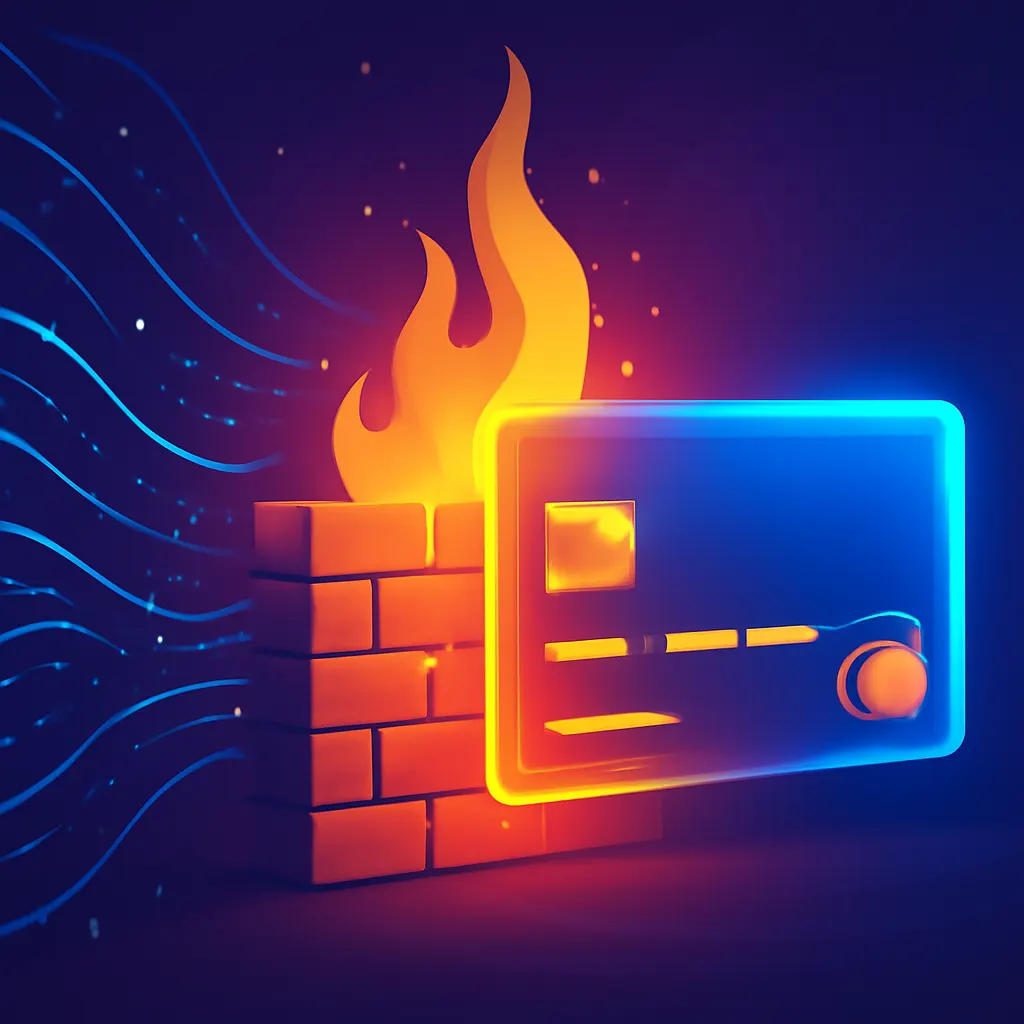Digital illustration of a credit card protected by a digital firewall