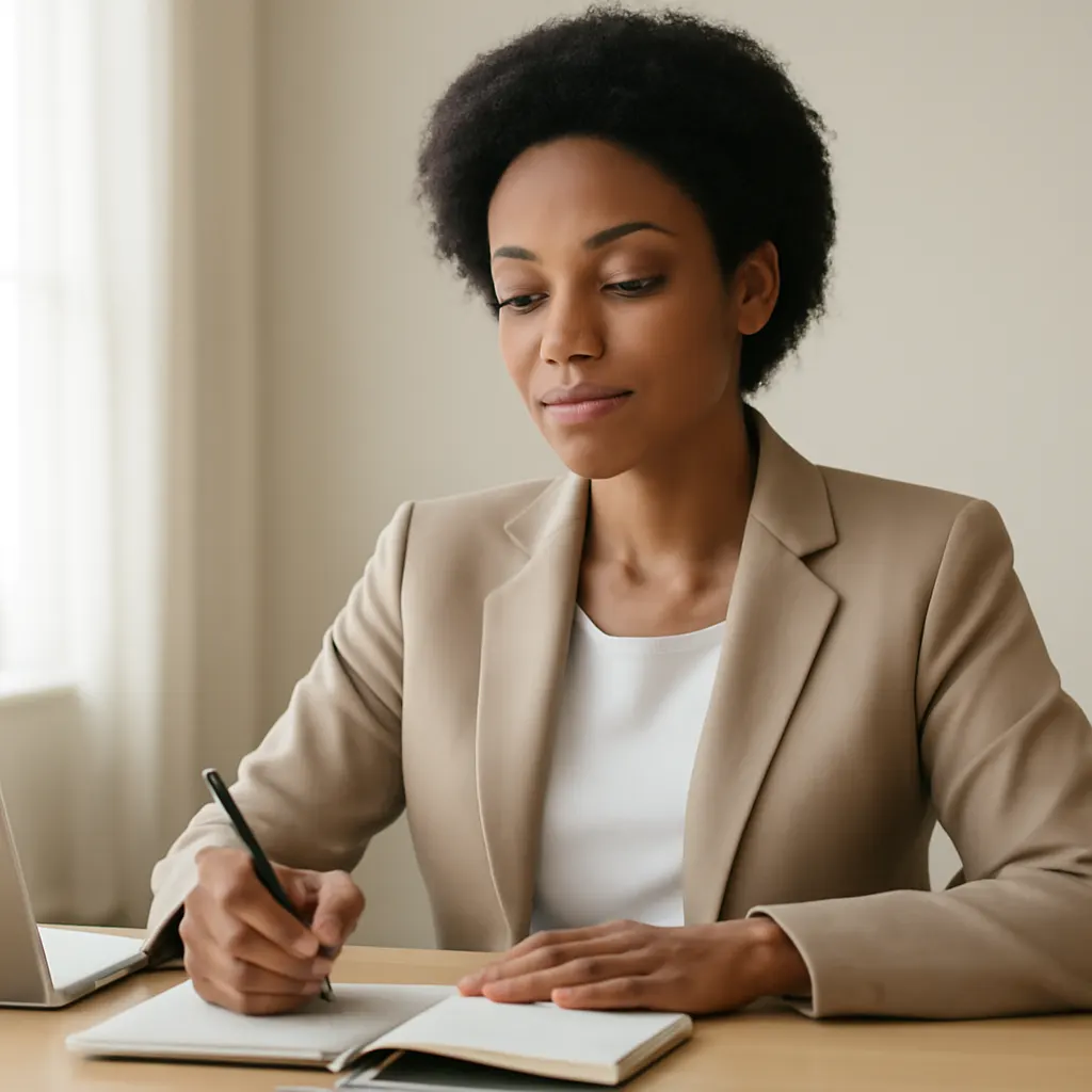 A worker calmly reviewing a short written plan at a clear desk