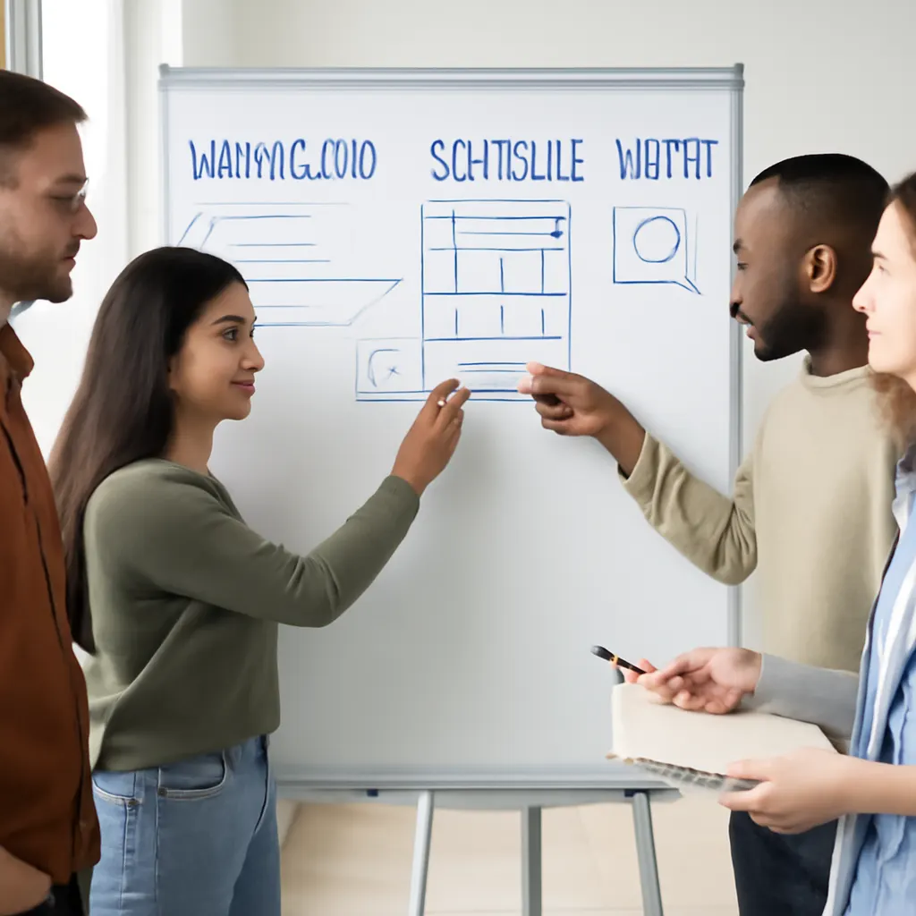 A team redesigning workflow together at a whiteboard