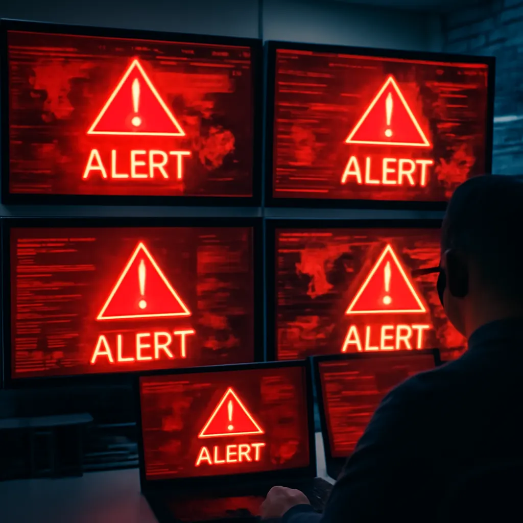 Security operations center with red alert indicators on monitor screens
