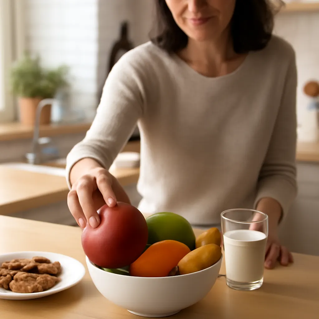 Pessoa escolhendo fruta em vez de doce no lanche da tarde para criar o hábito de comer melhor