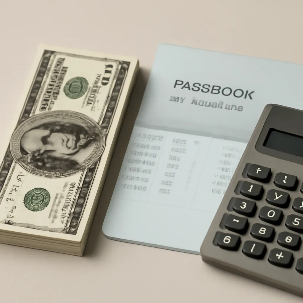 Cash, a savings passbook and a calculator representing savings yields