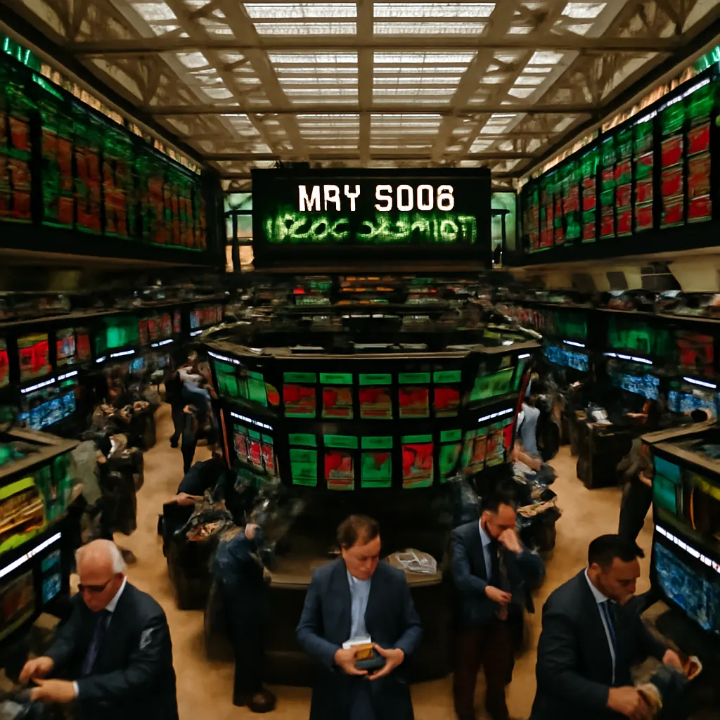 NYSE trading floor with stock ticker boards showing market activity