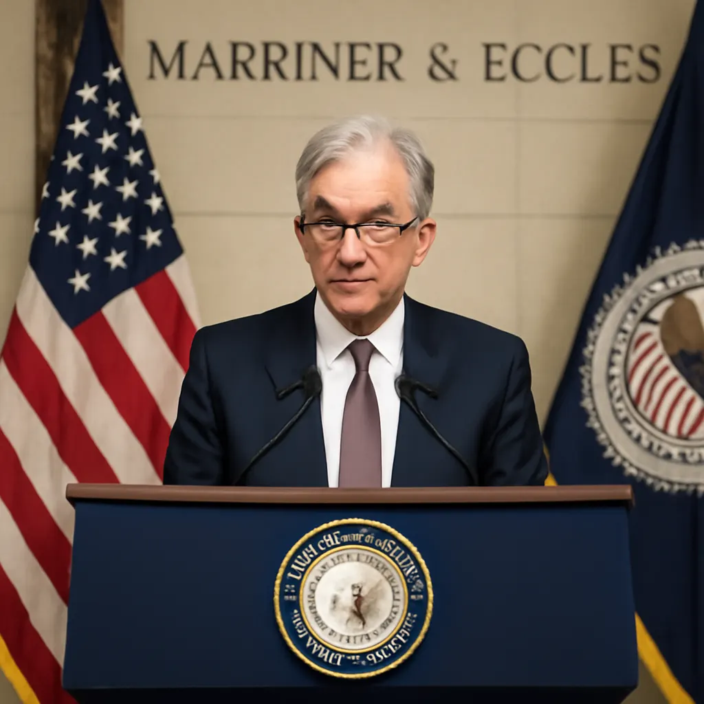 Federal Reserve Chair Jerome Powell speaks at a press conference podium