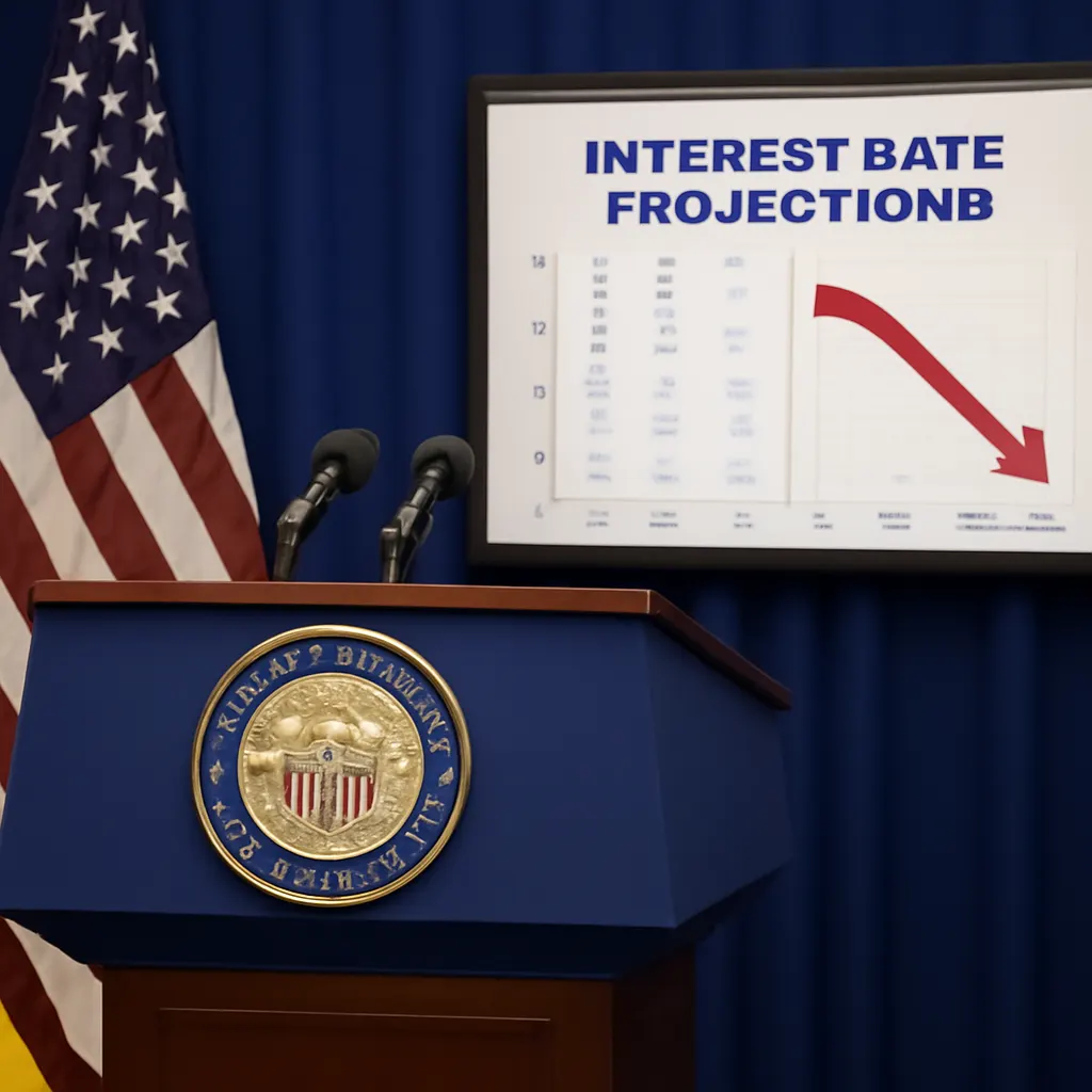 Federal Reserve chair at a press conference with rate projection charts