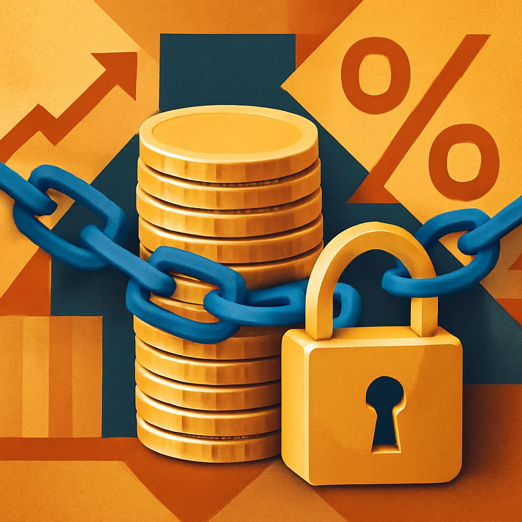 Financial concept image of locking in high interest rates with a padlock and gold coins