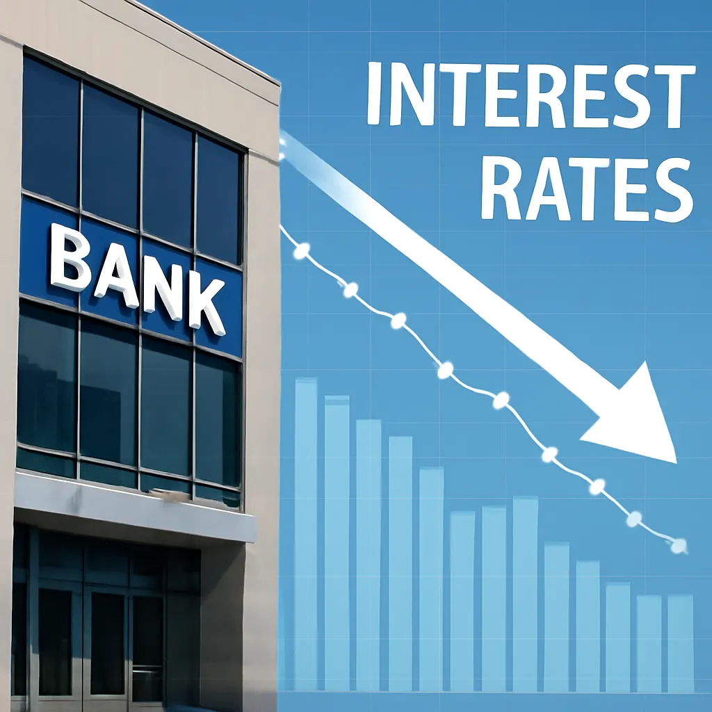 Graph showing falling interest rates and bank building