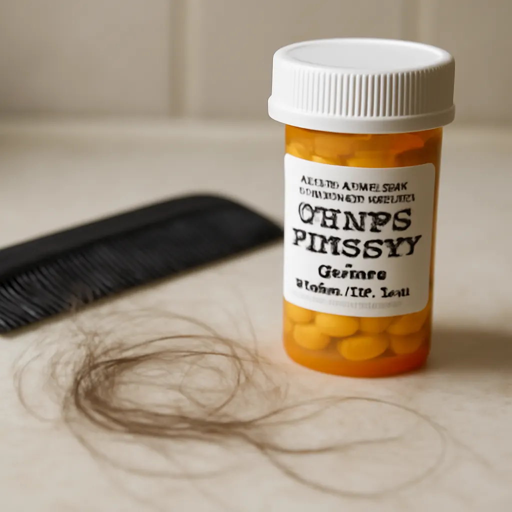 Prescription weight-loss medication bottle next to a comb and loose hair on a bathroom counter