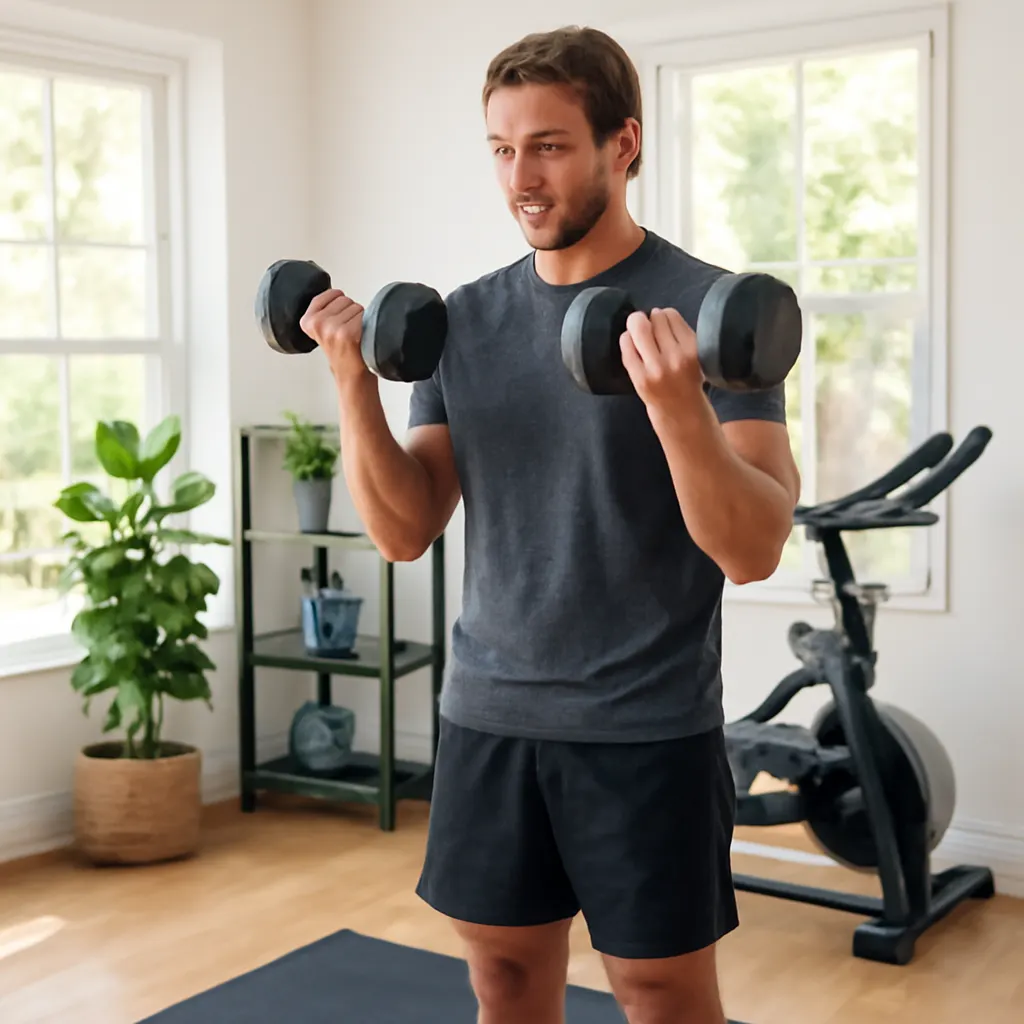 A person lifting dumbbells in a home gym to maintain muscle during GLP-1 weight loss