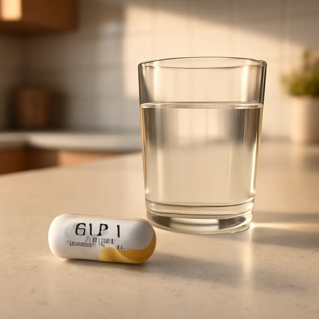 A daily oral GLP-1 capsule next to a glass of water on a kitchen counter