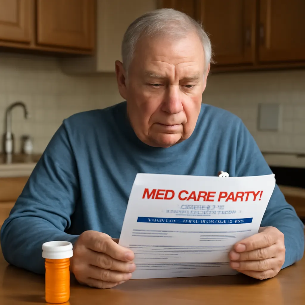 An older adult reviewing a Medicare insurance statement next to a pill bottle