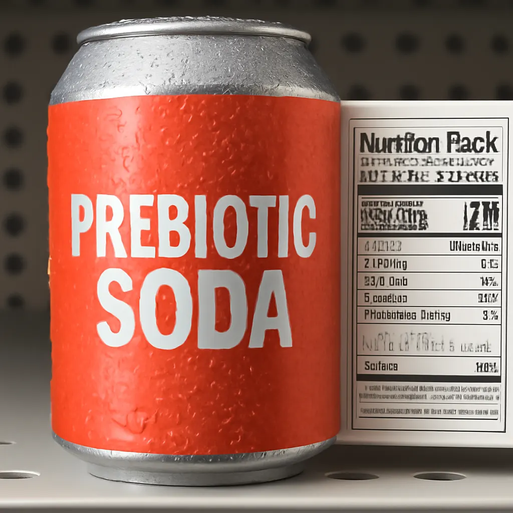 Close-up of a prebiotic soda can on a grocery store shelf