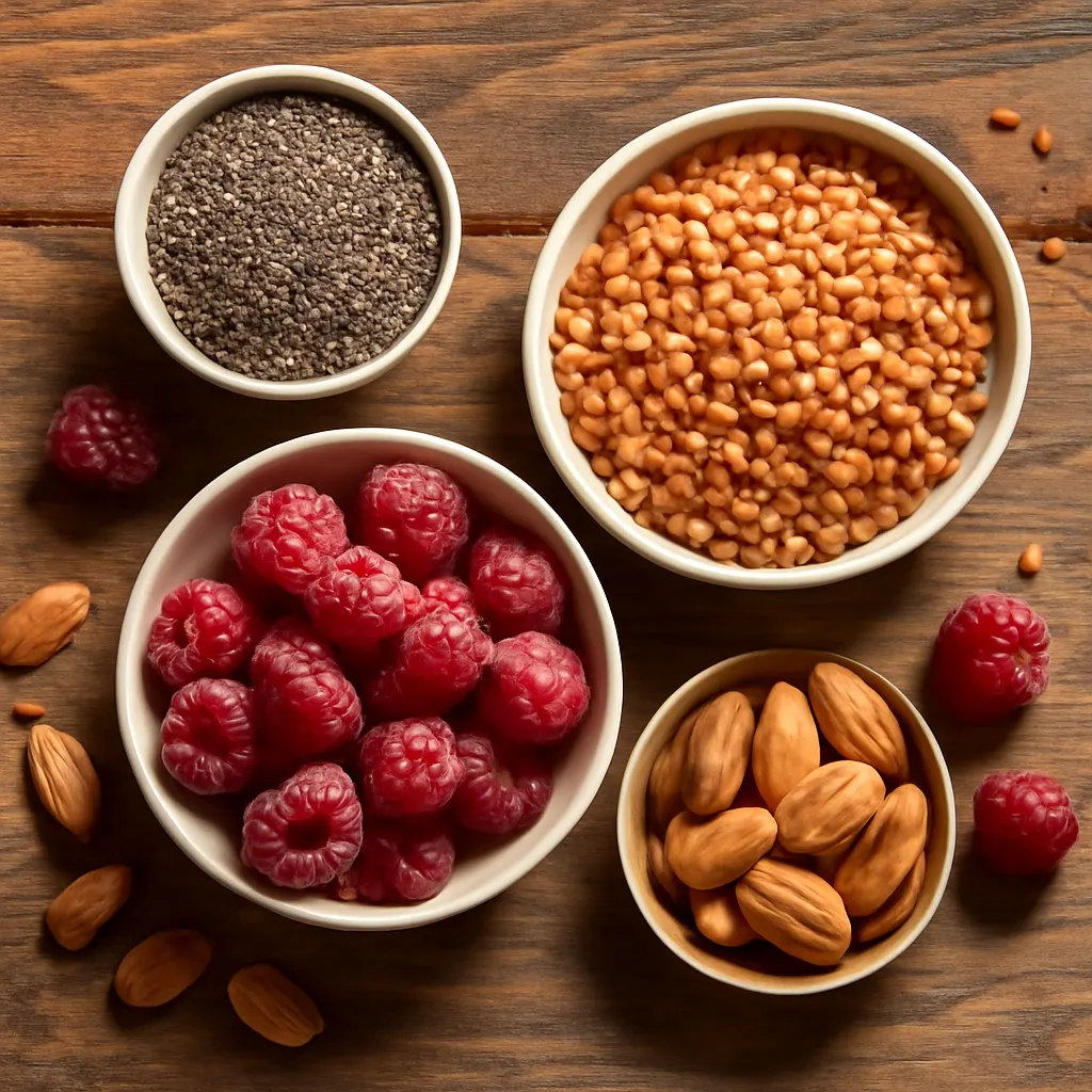 Flat lay of whole foods rich in dietary fiber