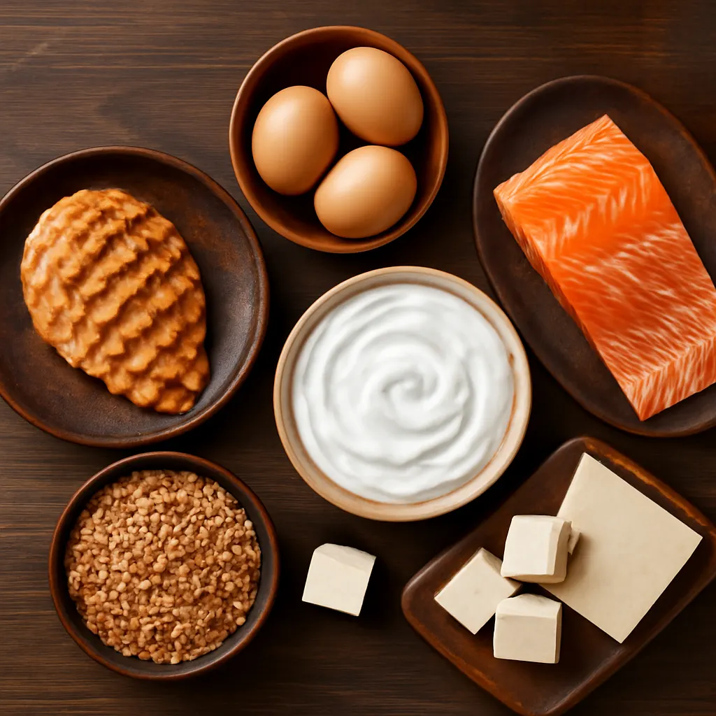 high-protein foods for a high protein diet including chicken, salmon, eggs, Greek yogurt, tofu, and lentils