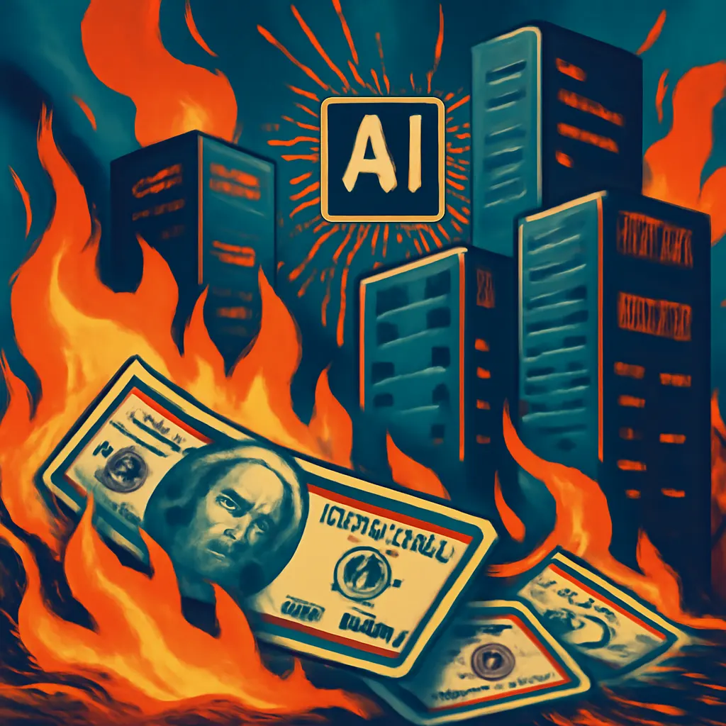 Abstract rendering of AI industry economics with soaring infrastructure costs and uncertain revenue