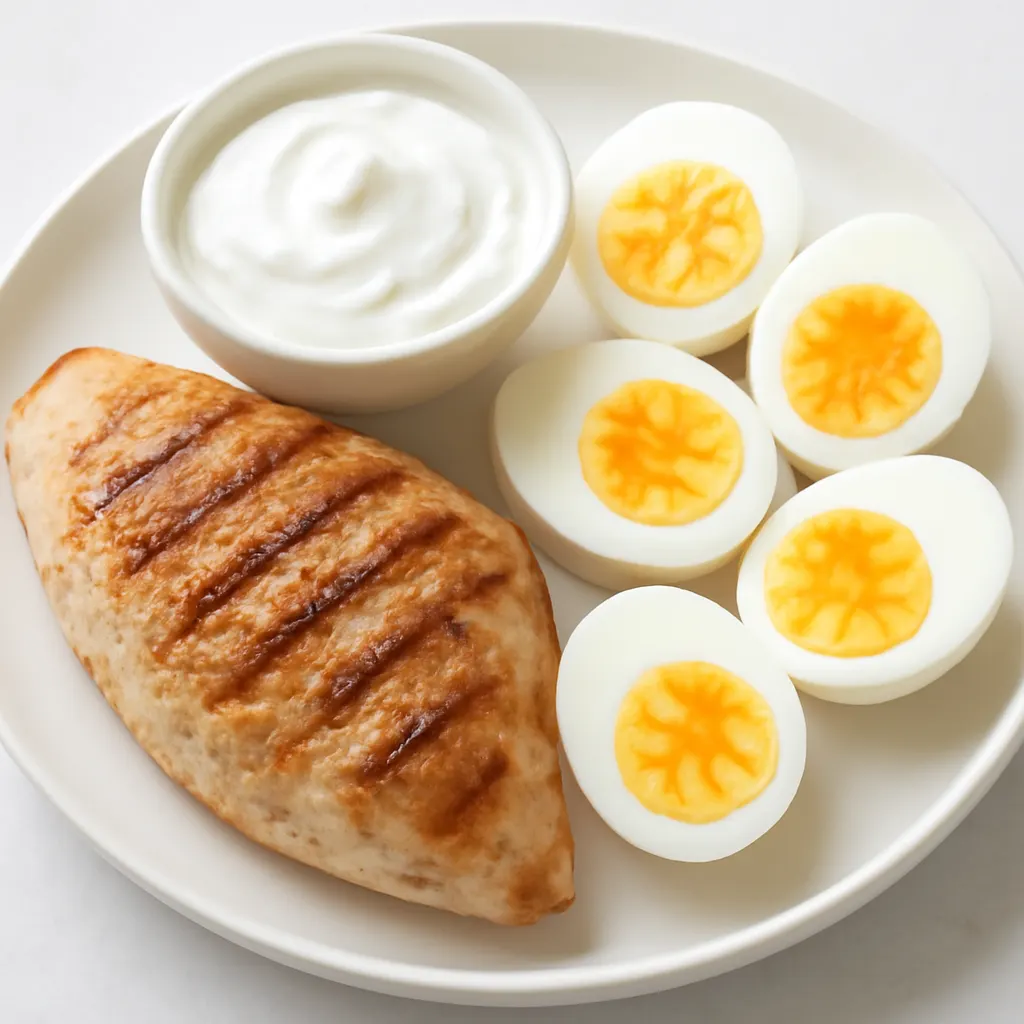 frango grelhado, ovos e iogurte natural, alimentos ricos em leucina para ganhar massa muscular