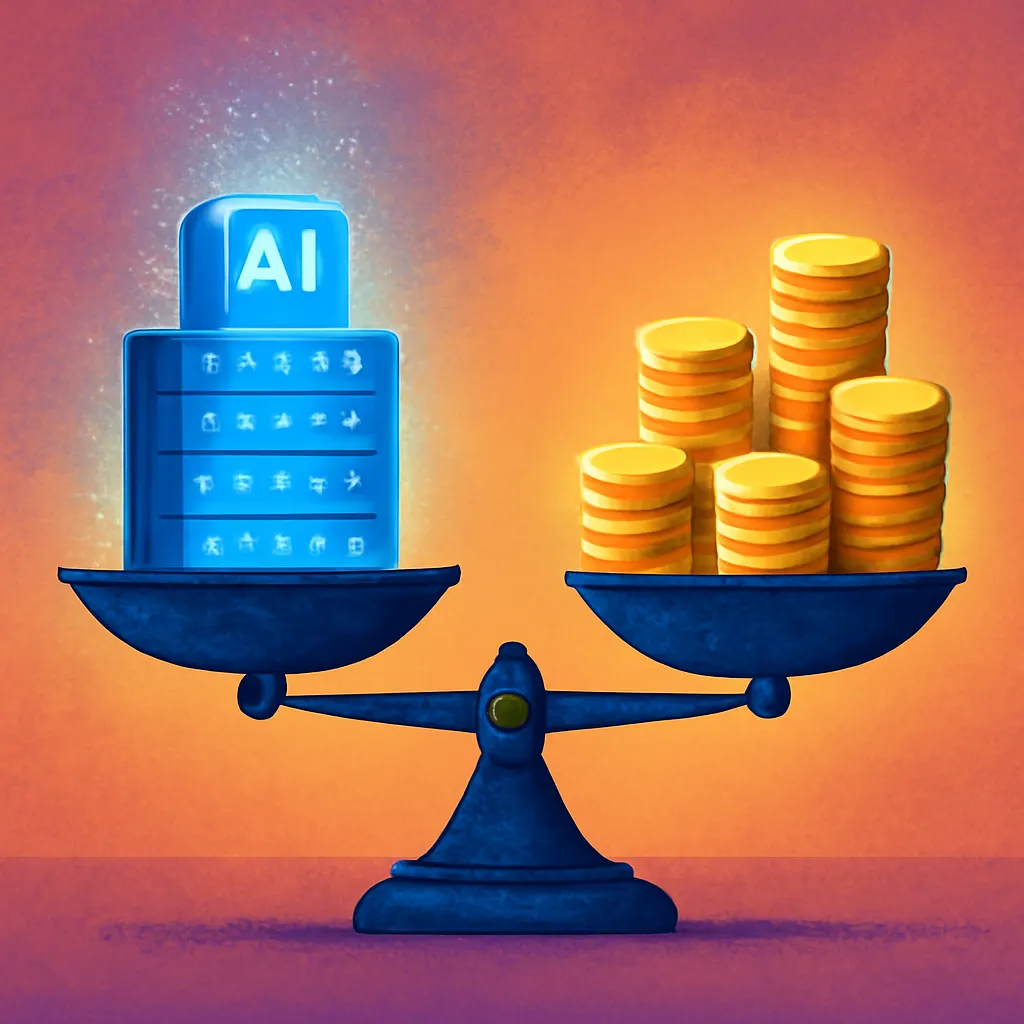 A balance scale weighing AI infrastructure against revenue