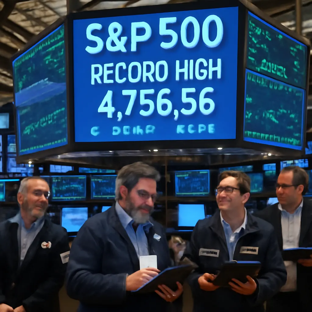 Traders on the floor of the New York Stock Exchange as the S&P 500 hits a record close above 7,000