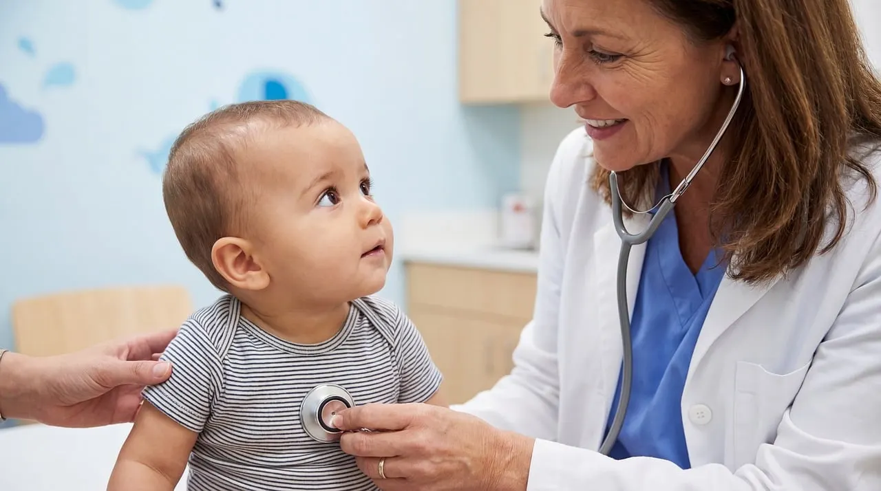 A young child receiving an MMR vaccination from a pediatrician in a doctor's office