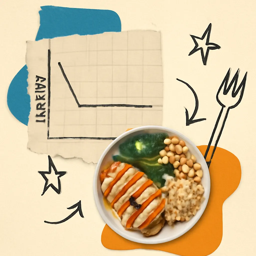 Editorial collage of a weight-loss plateau and a protein-rich plate