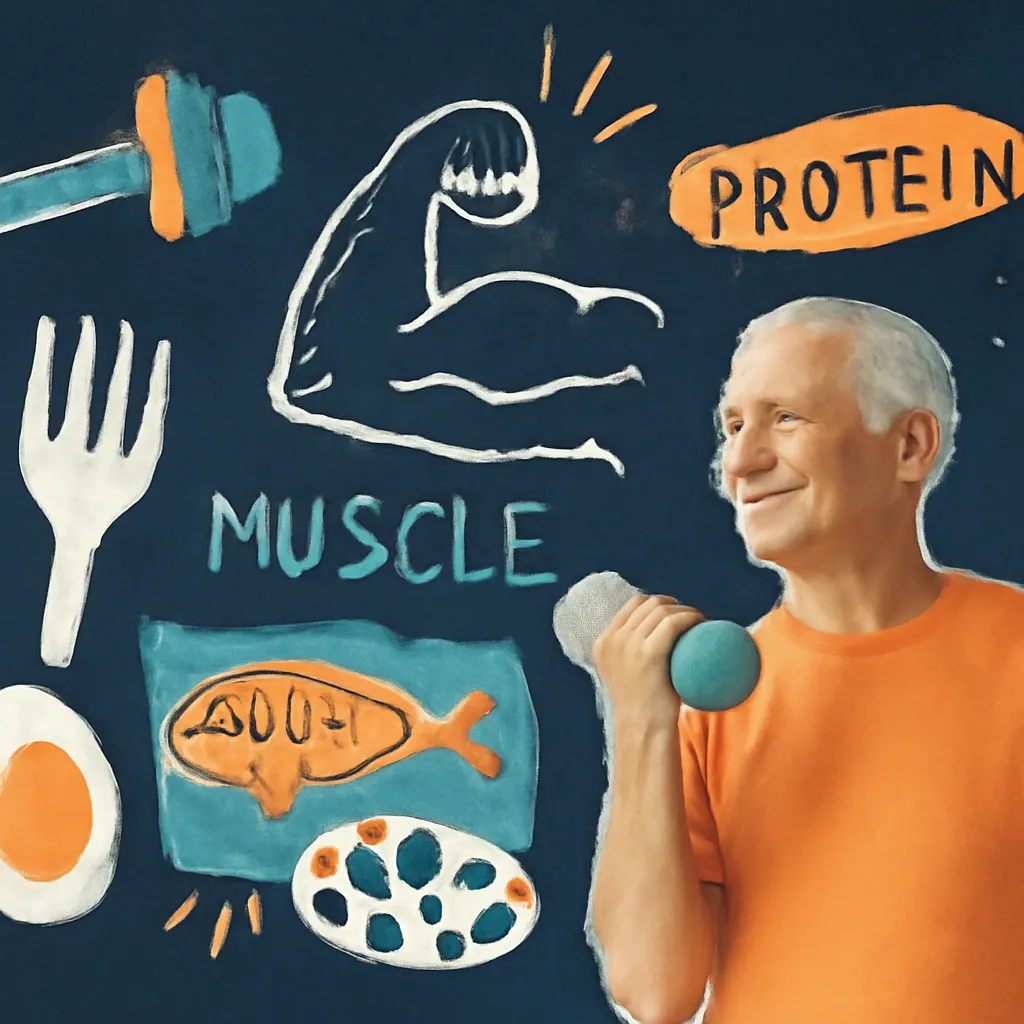 Editorial collage of a dumbbell, fork, and protein foods