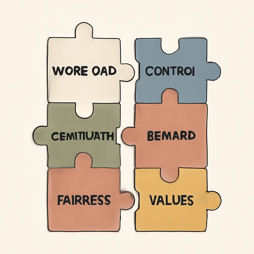 Illustration of six labeled puzzle pieces representing the areas of worklife
