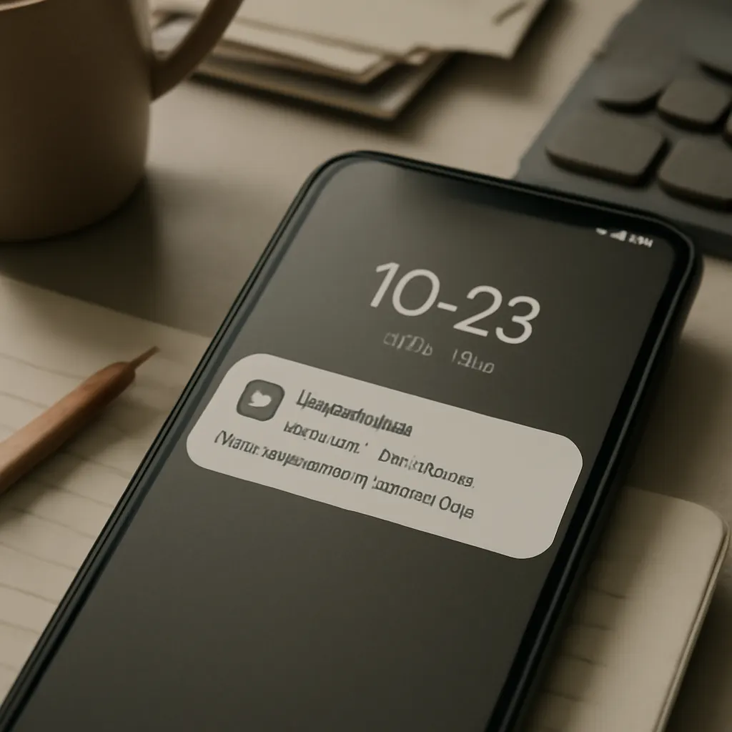A wellness app notification on a phone sitting on a cluttered desk