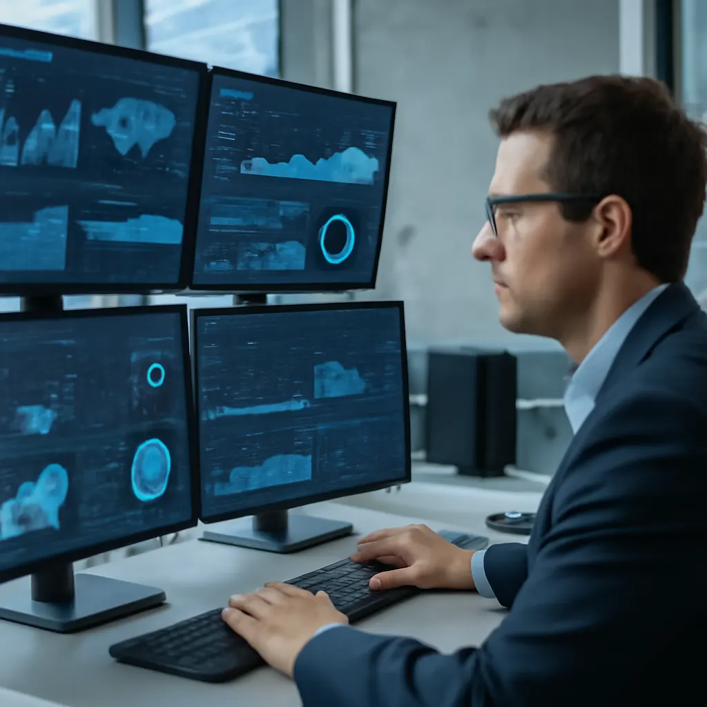 Knowledge worker reviewing analytical dashboards across multiple monitors in a modern office environment