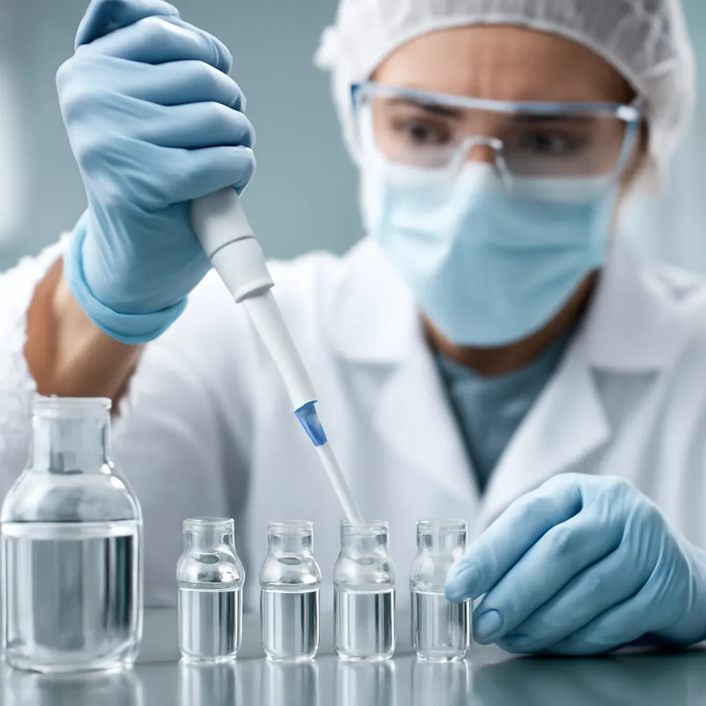 Scientist compounding peptide medication in glass vials