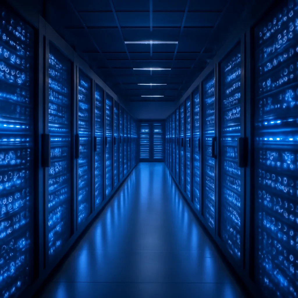 Rows of illuminated server racks inside a large AI data center