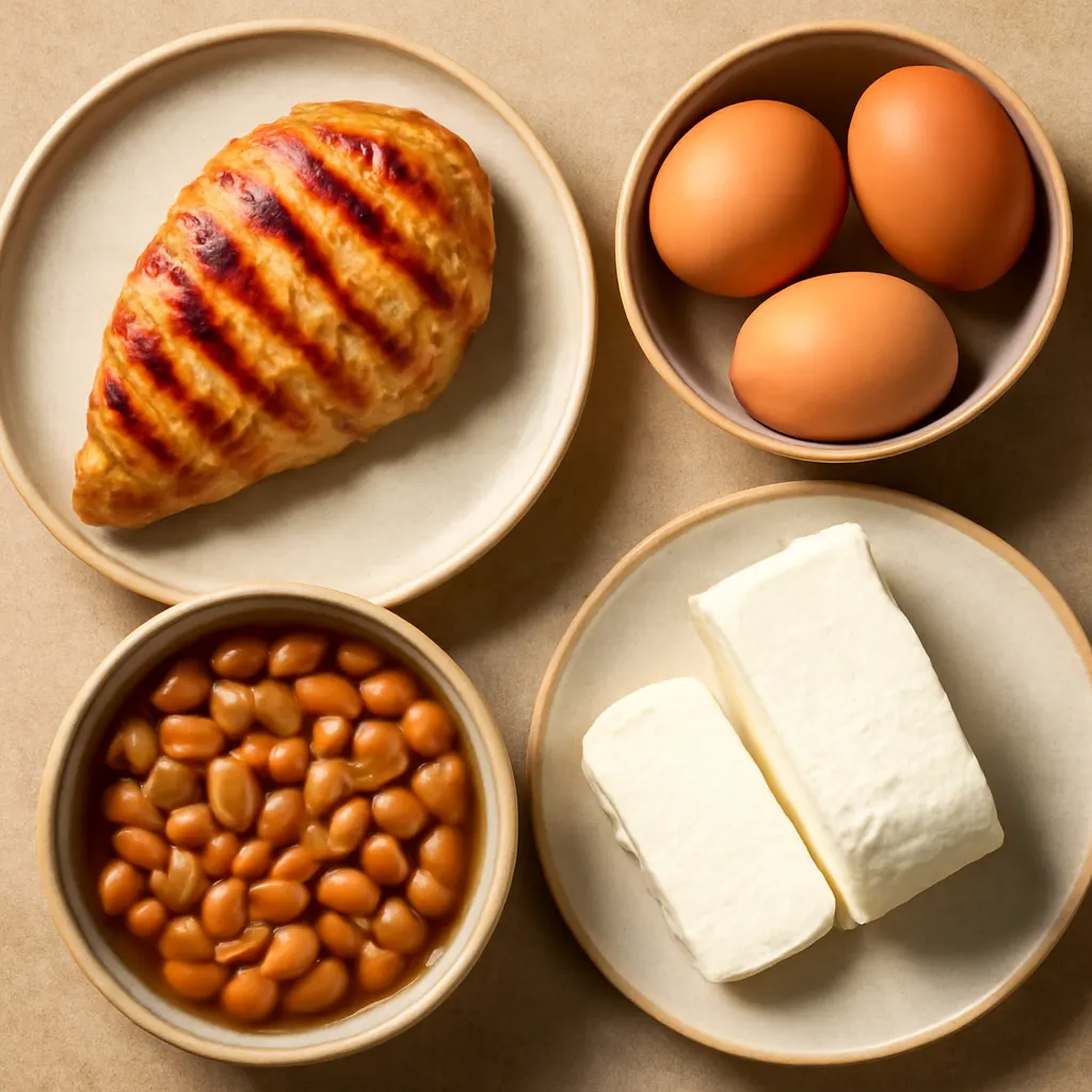 Alimentos ricos em proteína para emagrecer: frango, ovos, feijão, queijo e iogurte natural