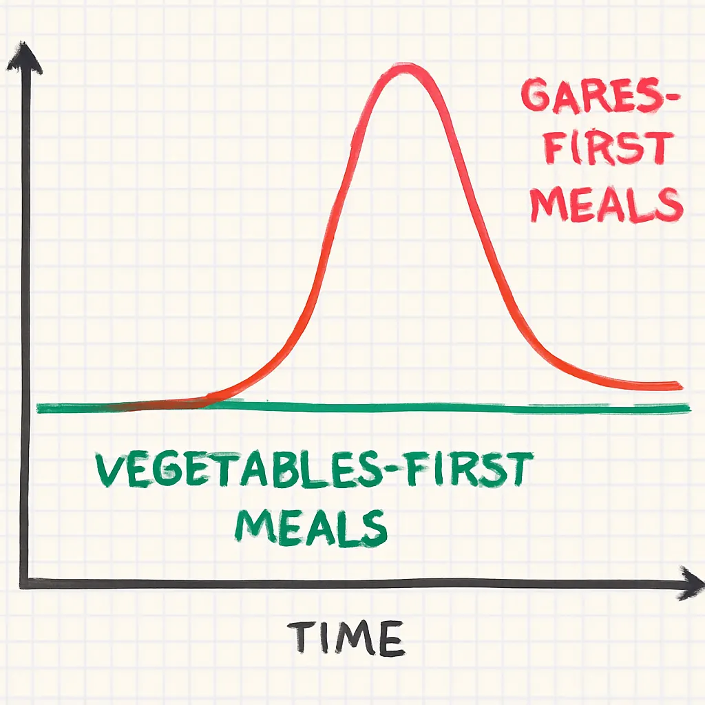 blood sugar spike comparison with and without vegetables before carbs, continuous glucose monitor graph