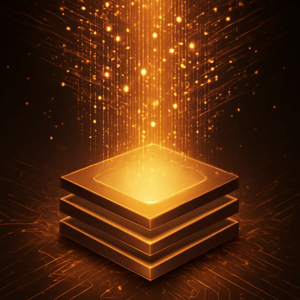 Abstract digital illustration of glowing data flowing into a stacked computer chip