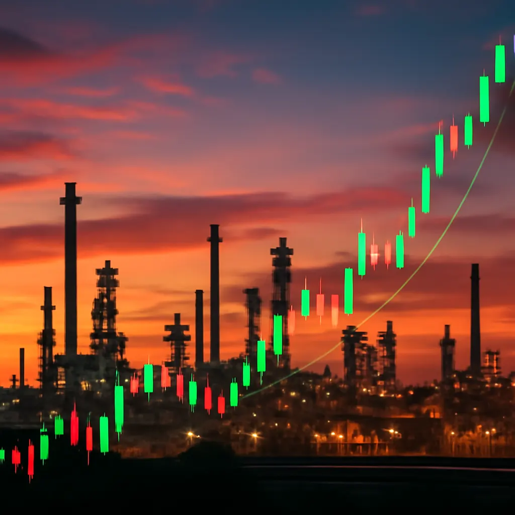 Stock market candlestick chart rising over an industrial oil refinery