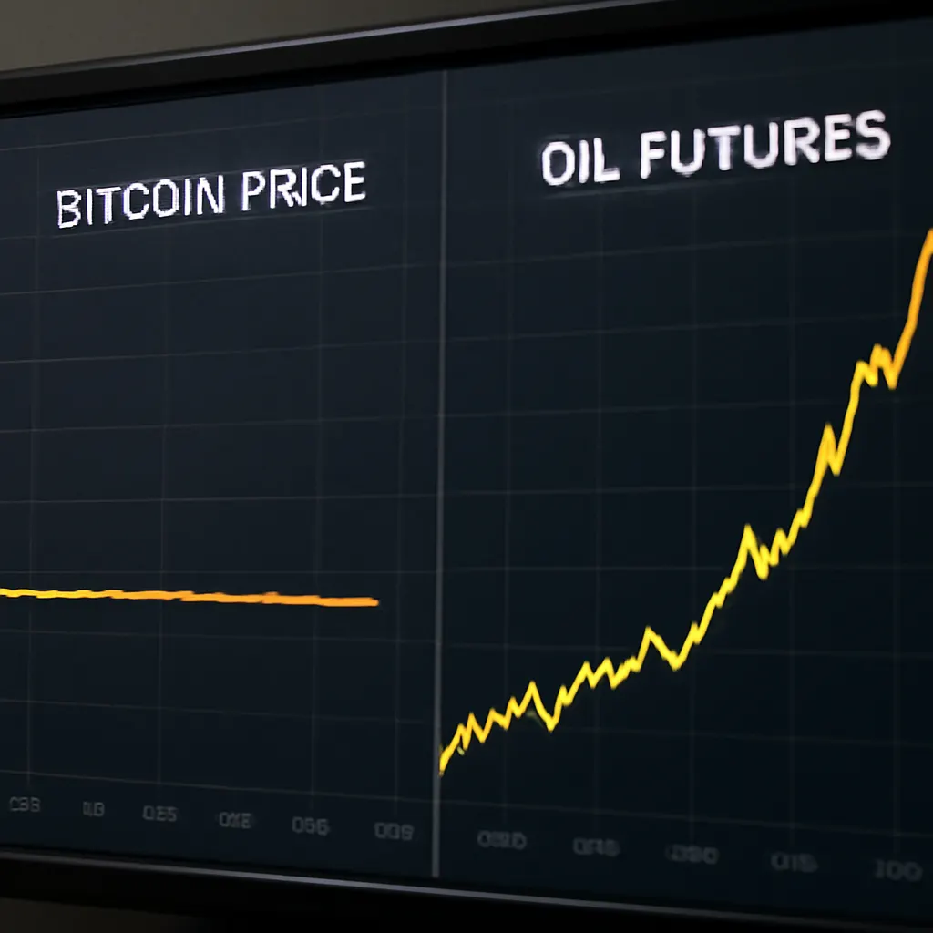 Financial monitor showing a stable Bitcoin price chart next to a surging oil chart